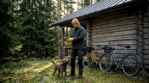 Person outside weathered Finnish log home in morning