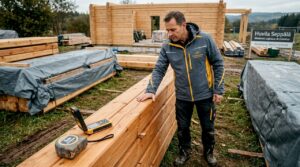 Der Bauleiter kontrolliert das angelieferte Holz direkt auf der Baustelle.