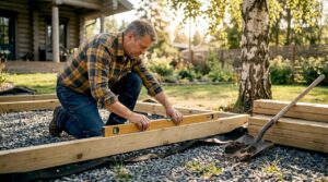 Homeowner prepping outdoor sauna foundation
