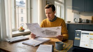 Homeowner reviewing Finland permit paperwork
