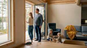 En familj släpper in frisk luft genom att öppna fönstret i det ljusa vardagsrummet.