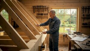 Ein Zimmermann kontrolliert die Dachkonstruktion aus Holz sorgfältig mit seinem Zollstock.
