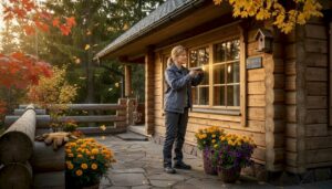Homeowner inspecting timber villa porch joint