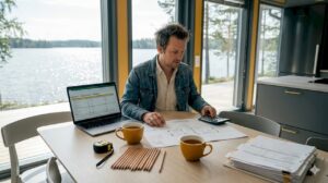 En mann sitter ved kjøkkenbordet og planlegger budsjettet for hytta si midt ute i de finske skogene.
