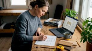 Woman sketching custom sauna floor plan at kitchen table