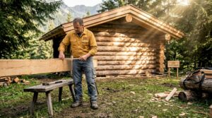 Ein Handwerker misst Balken für eine rustikale Sauna aus massiven Baumstämmen im Alpenstil aus.