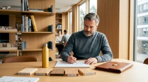 Ein Architekt entwirft ein Bürogebäude in Finnland mit moderner Holzrahmenbauweise.