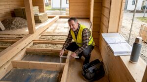 Der Bauleiter überprüft vor Ort den Aufbau des Holzhausbodens.
