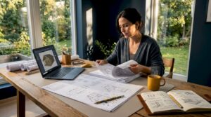 En arkitekt sitter på hjemmekontoret og studerer gjennom plantegningene til et nytt prosjekt.