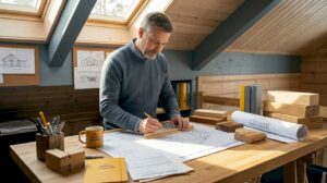 Architect reviewing Finnish timber site plan