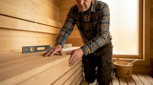 Worker inspects finely crafted sauna bench